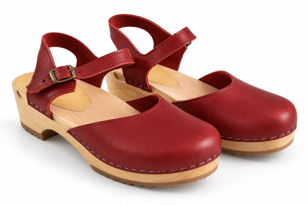 Sven Original Sandals Womens 37 Red Leather Wood Clog Ankle Strap Made USA